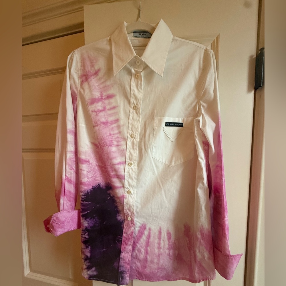 Authentic Prada Women's Cotton Casual Shirt - White, Purple, and Pink
